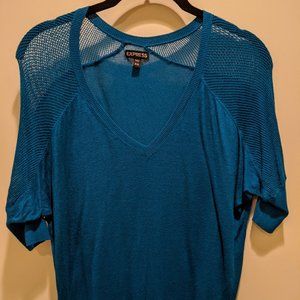 Teal Blue Knit V-Neck and Mesh Detail Top